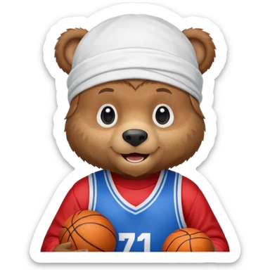 cute Russian grizzly bear wearing a white durag and a blue basketball jersey sticker
