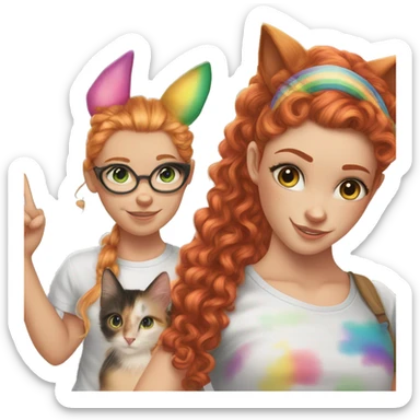 a white girl with long red curly hair in a pony tail with rainbow shirt does peace sign wearing cat ears one black other white sticker