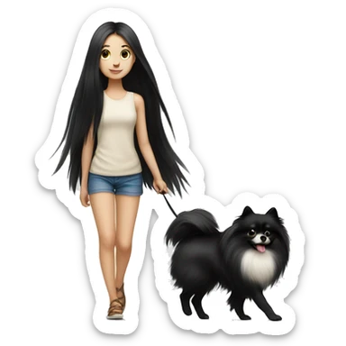 pale girl with long black hair walking with pomeranian sticker
