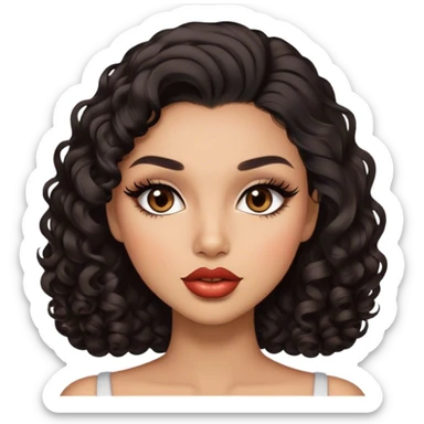 Glamourous, light brown skin tone, very beautiful woman, with big plump lips, long long lashes, black curly smooth short hair, straight parting hair, brown eyes sticker