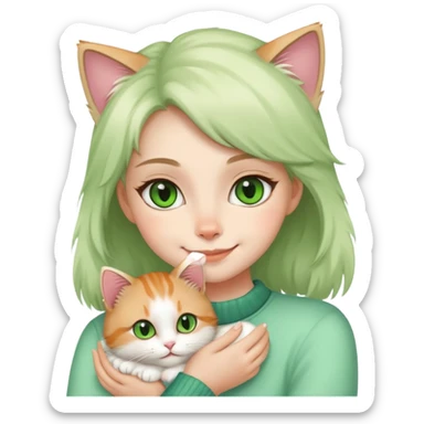 girl holding cat and smiling,cat’s eyes are green sticker