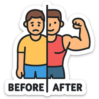 in the picture is devided in to two parts, at the first the sportsman is weak and lazy, but at the second picture the same sportsman is very strong because he doing a workout regularly. There is no line between the picture, at the first picture the is a word before, in the second picture there is a word after sticker