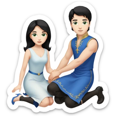 prince, upright, black Hair, blue eyes, garment,  woman, bending knee, white sleveless dress, blonde hair, green eyes, sticker