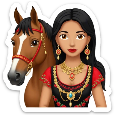A woman in a black and red embroidered dress poses beside a horse, wearing gold necklace  sticker