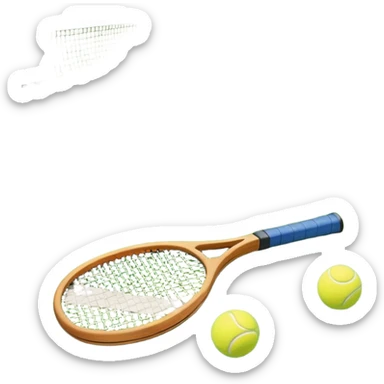 A tennis racket resting on the green grass of a tennis court, with a tennis ball placed nearby and the net stretching across the court. The background captures the fresh, open atmosphere of a traditional grass court, emphasizing the elegance and precision of the sport. sticker