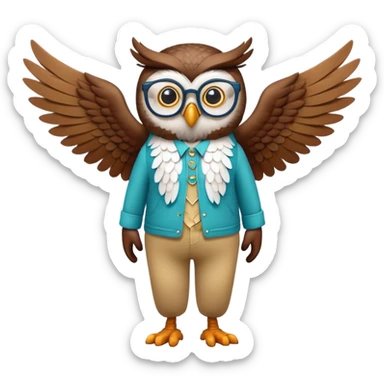 friendly anthropomorphised night owl with wings instead of arms, colourful pants and shirt, wearing glasses, walking upright, night owl features and colours, unique pose 2 sticker