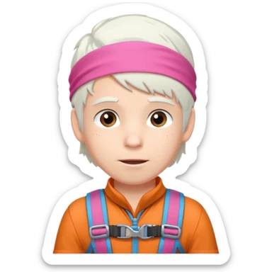 young climber boy with white hair and pink headband sticker