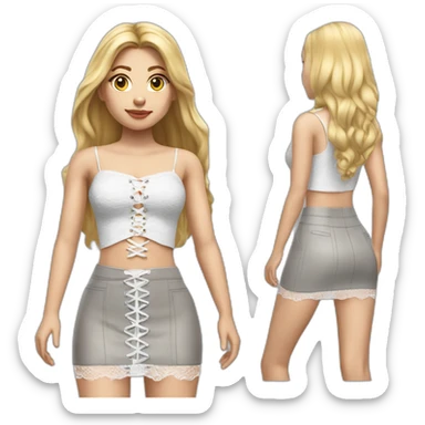 hyperrealistic caucasian female, long straight blonde hair, white lace-up crop top and grey plain tight mini skirt sticker