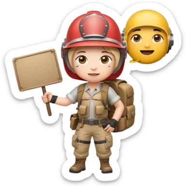 Create a cute emoji-style PUBG Mobile character, chibi version with helmet and backpack, standing in victory pose, holding a blank white sign or paper sheet in both hands in front of chest, ready for text, clean white background, simple emoji design” sticker