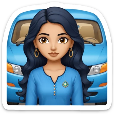 a pretty indian bratz girl with wavy long black hair, wearing a blue kurti, eyeliner on, indian auto behind her sticker
