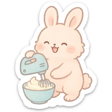 kawaii hand mixer soft fluffy rabbit spinning cream, joyful expression, soft pastel blue, full-body sticker