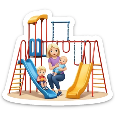 Toddlers playing on a  playground with kids and a woman holding a baby watching  sticker