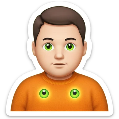 plump man in his 30s with short cropped hair, wearing a unique dark yellowish-orange woolen jumper, bright neon green glowing unrealistic eyes, emoji style sticker