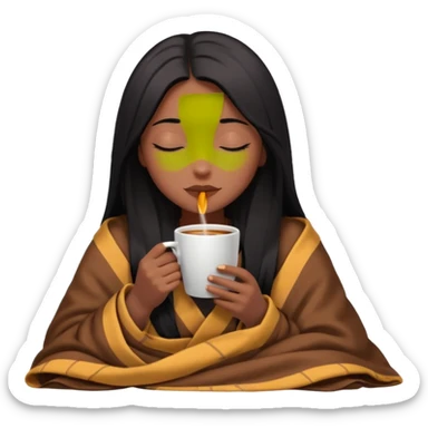 Chocolate brown girl with long straight jet black hair inside a blanket sipping coffee eyes closed sticker