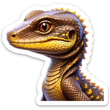 Cinematic Cute brown camo spotted monitor Lizard Portrait Emoji, Head tilted playfully and inquisitively, with a sleek, patterned body accented by vibrant hues and round, sparkling eyes full of wonder, Simplified yet irresistibly adorable features, highly detailed, glowing with a warm, friendly glow, high shine, affectionate and lively, stylized with a touch of exotic charm, bright and endearing, soft glowing outline, capturing the essence of a mischievous yet captivating lizard that seems as if it could scuttle out of the screen into your arms! sticker