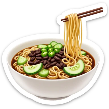 Beijing Zhajiang noodles with dark bean sauce and cucumber toppings, simplified emoji style with bold outlines and bright colors, cartoon style northern Chinese noodle dish sticker