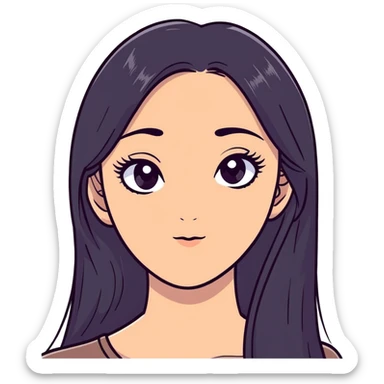 White girl with long oval shaped face, large almond shaped eyes with long eyelashes, long straight black hair falling in front of her bare shoulders, face closeup sticker