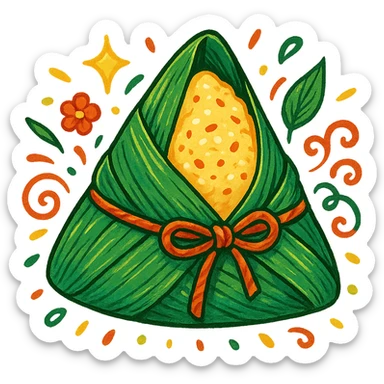 traditional Chinese zongzi (sticky rice dumpling wrapped in bamboo leaves), stylized and festive, for Dragon Boat Festival sticker