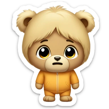 Sad looking teddy bear with blonde fur and jogging suit sticker
