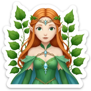 Hyper realistic green ivy forest elf mage fairy queen pale skin ginger hair and Ice blue-eyes sticker