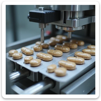 packaging phase with capsules of dried pig thyroid supplement being filled and sealed by automatic machine, pharmaceutical environment, hyperrealistic 4K details sticker