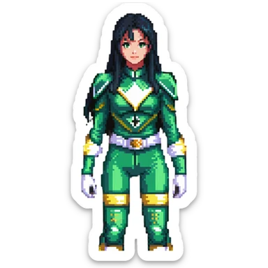 wasian girl in a green Power Ranger suit, black straight hair, black eyes sticker