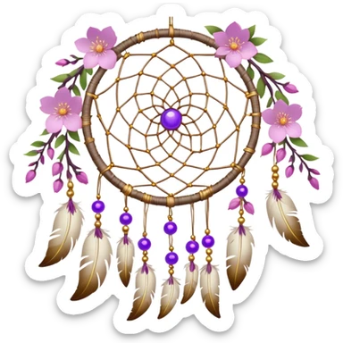 A white-birch Dreamcatcher. with purple-round-orbs, gold-rings hanging down. purple flowers, pink sakura flowers, sticker