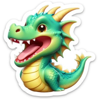 Cinematic Cute Yawning Dragon Portrait Emoji, Head tilted slightly with a dramatic, wide-open yawn, showcasing a soft, lustrous scaled body with gently drooping fins and half-closed, drowsy eyes, each scale rendered in exquisite detail under natural light; high shine, relaxed yet expressive, styled with a dash of fantastical charm, soft glowing outline, capturing the essence of a sleepy yet affectionate dragon that appears ready to stretch out and rest in its enchanted lair! sticker