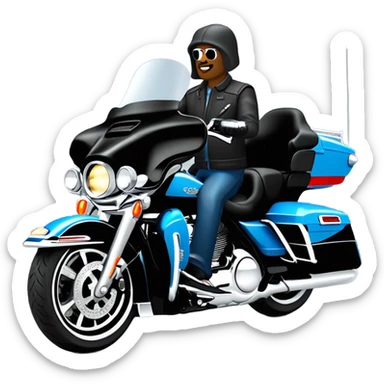 angled view of a harley davidson electra glide ultra classic with big blue pearl and vivid black two color paint scheme with recurve windshield and an older white man without a helmet sitting on the front seat. sticker
