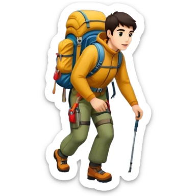 Icon for Mountain Tourism and Climbing: a mountain peak in the background, climbing gear and backpack. The icon should capture the adventure and challenge of alpine exploration. Transparent background. sticker