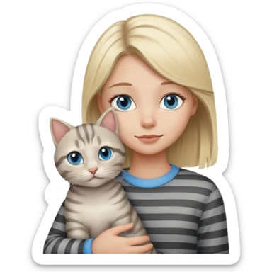 Blonde girl with blue eyes cuddling with light grey tabby cat with dark grey stripes sticker
