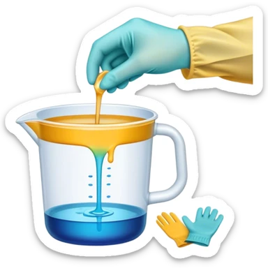 Epoxy resin icon, resin pouring over a surface, visible measuring cups, stirring sticks, and protective gloves, colorful patterns or designs forming as resin hardens, minimalistic style, clean lines, transparent background sticker