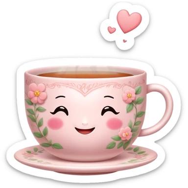 Cute Kawaii Tea Cup, steaming with warmth, a charming smiling face, soft pastel tones, delicate floral patterns, a tiny heart-shaped tea bag tag, cozy and inviting! sticker