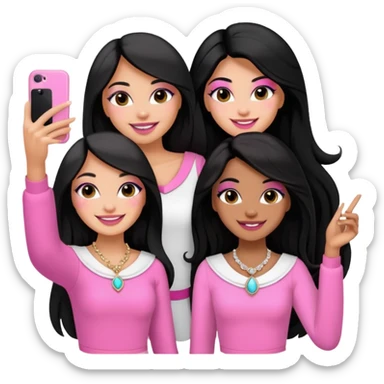 3 besties with professional glammed up looks wearing pink and white, medium skin tone smiling big with black long hair. Very girly wearing jewelry, taking a selfie  sticker