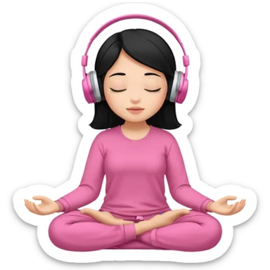 Chica de pelo negros con los ojos cerrados escuchando musica en audifonos y con camisa rosa mientras medita sticker