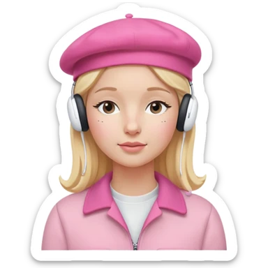blonde American girl wearing a pink beret and AirPods Max headphones, listening to music with closed eyes sticker