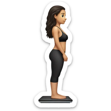 Side view of a brunette girl standing on a bathroom scale, looking down, wearing black leggings and a sports bra sticker