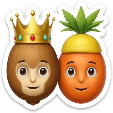 There is a hazelnut with a crown on his head, on his left side is a lemon like a hacker and on his right side is a carrot like a detective sticker