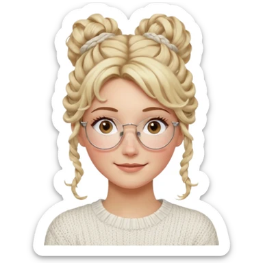 blonde hazel eyes woman with a white cable knit sweater and clear glasses on her head and a curly messy bun with tendrils of hair flowing down her face and she is happy pale, some freckles, blush. she has a cateye wing and long lashes sticker