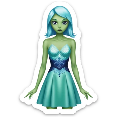 alien reptilian green skin woman, in short slim pastel blue formal party satin dress with gradient shiny sparkling navy blue diamonds embroidered  sticker