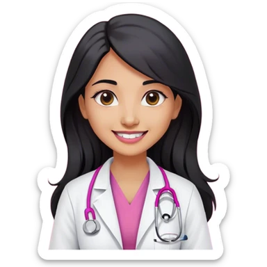 A indian female doctor with black long hair , doe eyes smiling without teeth , wearing white lab coat over dark pink scrubs and properly drawn stethoscope  sticker