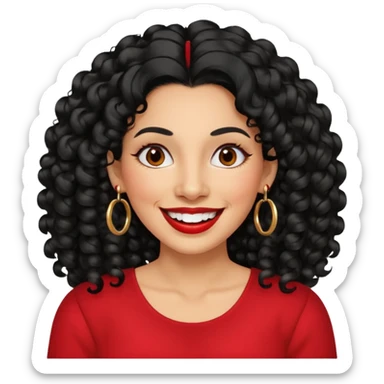 40 yr old peruvian woman, very curly long black hair, red lipstick, big smile, white teeth, brown eyes, hoop earings, hair parted at side sticker