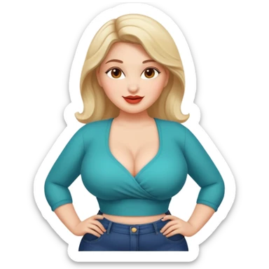 woman with voluptuous body, wearing trendy clothes, cheerful face sticker
