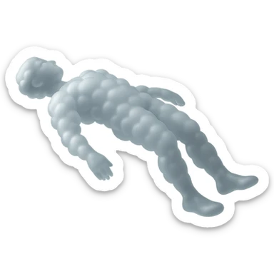 side view of unconscious person flying torso up, legs and arms down, made of small very bright white fluffy convex clouds, matte glass style sticker