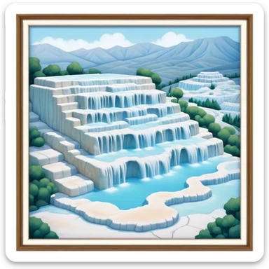 Cinematic Realistic Pamukkale Landmark Emoji, showcasing surreal cascading terraces of thermal waters rendered with ethereal textures and soft, luminous lighting. sticker