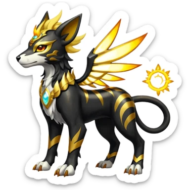 Solarpunk solar aesthetic shiny glowing divine lighting glimmering shimmering Houndoom-Solgaleo-Tigress-Luxray-Trico-fusion (full body) sticker