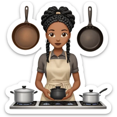 A dark-skinned Black woman with black box braids, wearing an apron, with a pot on the stove. sticker