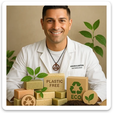 Create a realistic image of Antonio Anania with the appearance of the person in the reference photo. He is surrounded by natural soaps with visual elements that communicate their environmental benefits, such as eco-friendly symbols, leaves, and clean soil. The tone should be positive and natural, emphasizing that the soaps are plastic-free and good for the environment. sticker