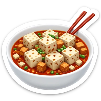 Mapo Tofu spicy red with tofu cubes and minced meat, simplified emoji style with bold outlines and bright colors, cartoon style Sichuan famous dish sticker