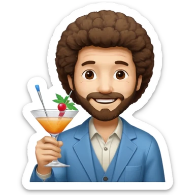 Bob Ross with a cocktail in one hand, paint brush in the other, wishing congratulations sticker
